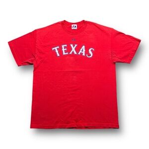 Vintage Texas Rangers Kinsler World Series Logo Red Majestic Tee Size XL MLB OBO